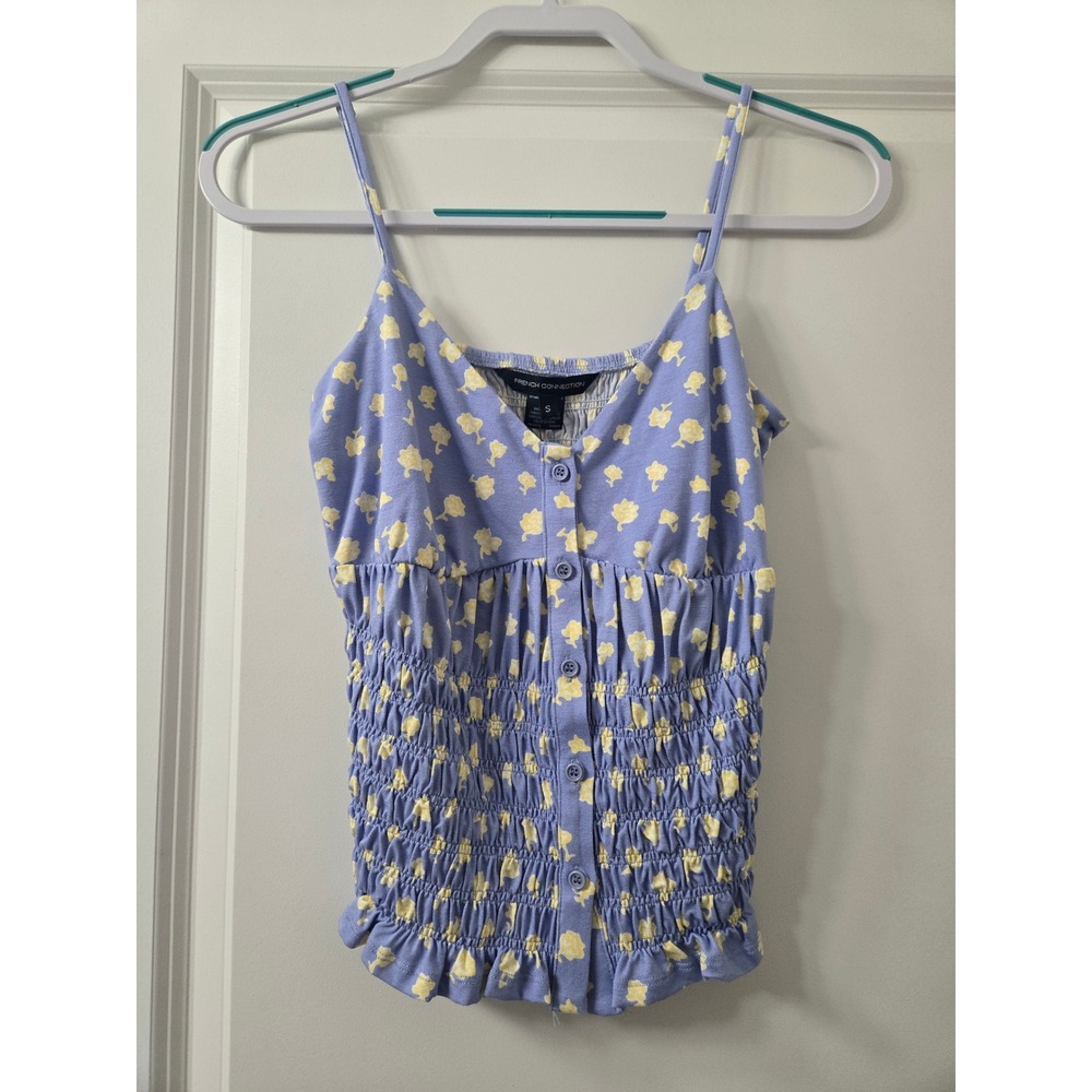 French Connection Doria Smocked Floral Button Front Cami Top Blue Yellow Small